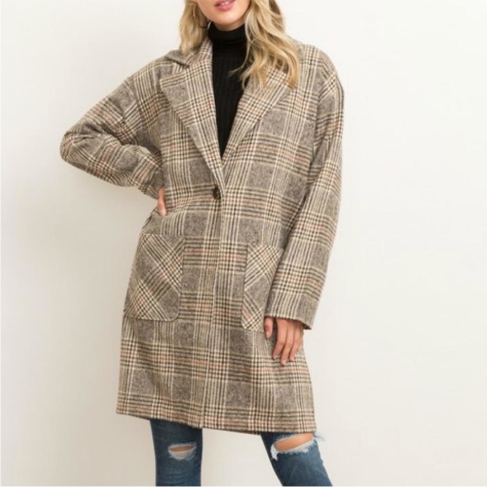 Hem & Thread Oversized Tan Plaid  Glen Check Duster Trench Coat Preppy Cozy Sz L